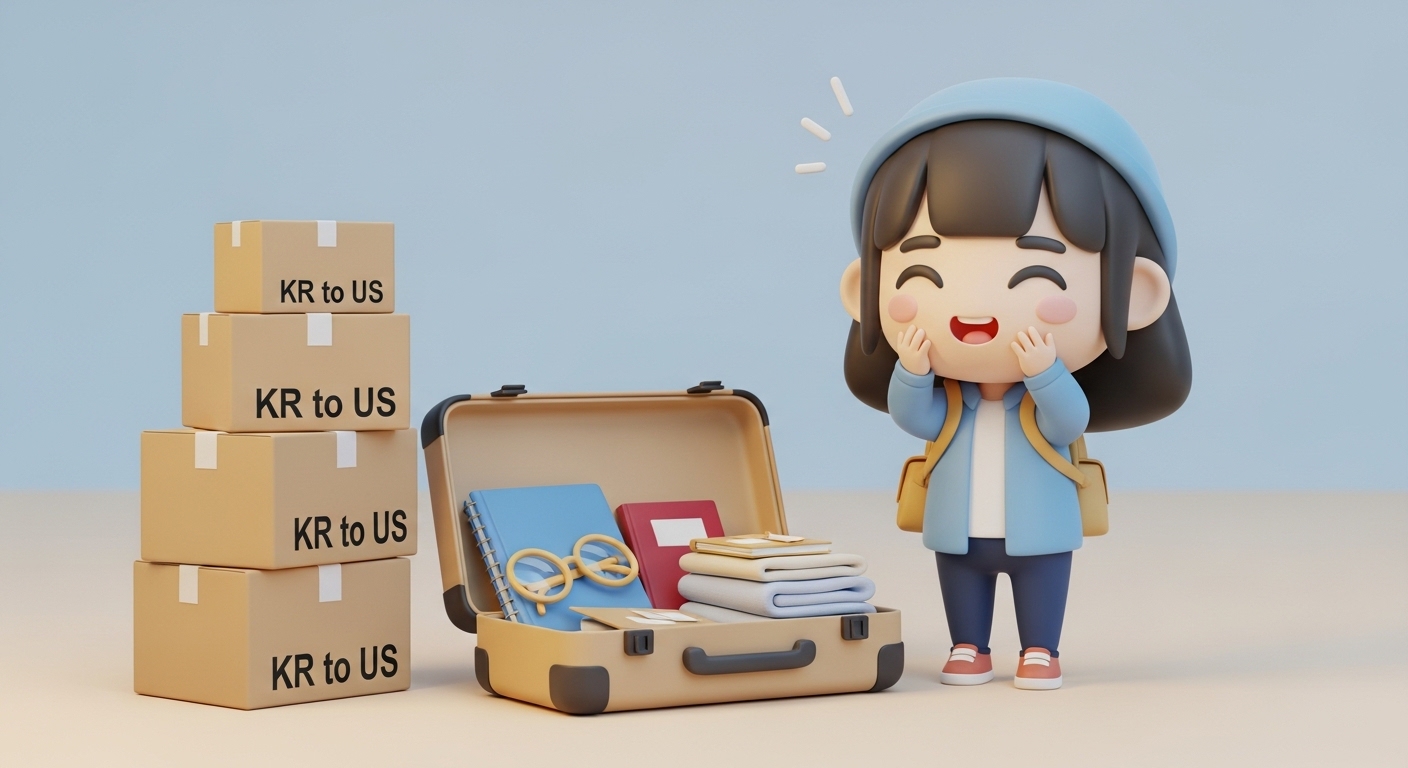 짐 걱정을 해결하고 행복해하는 유학생 캐릭터와 한국에서 미국으로 보내는 택배 박스들이 쌓여 있는 3D 클레이 이미지