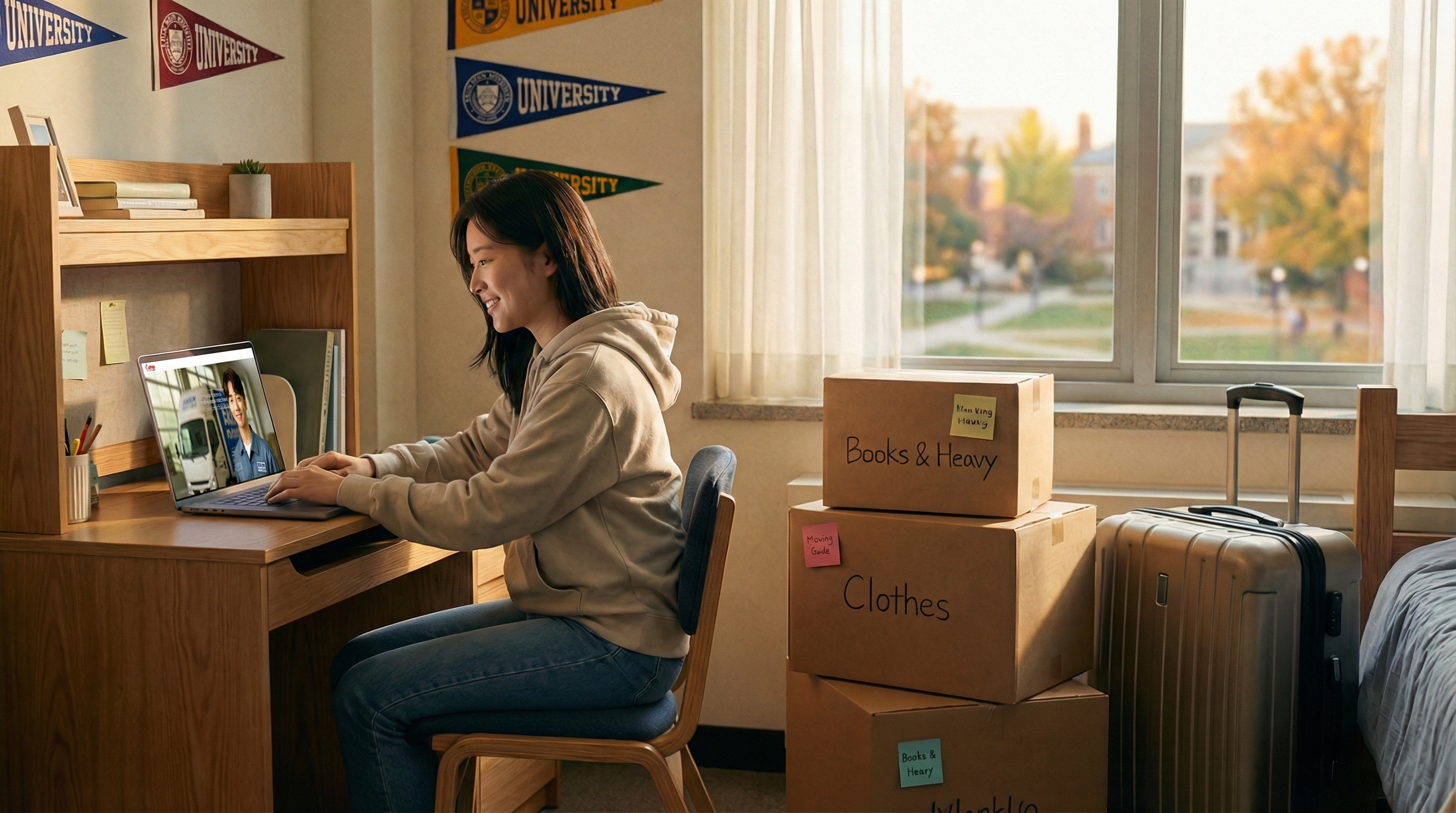 기숙사 짐을 싸고 이런무빙 사이트 접속하는 유학생