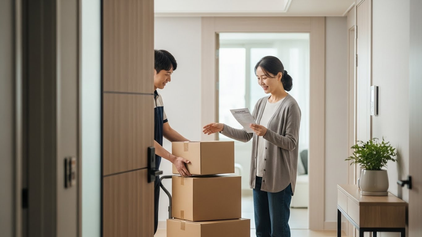 한국으로 배송된 아이짐을 대리 수령하는 엄마