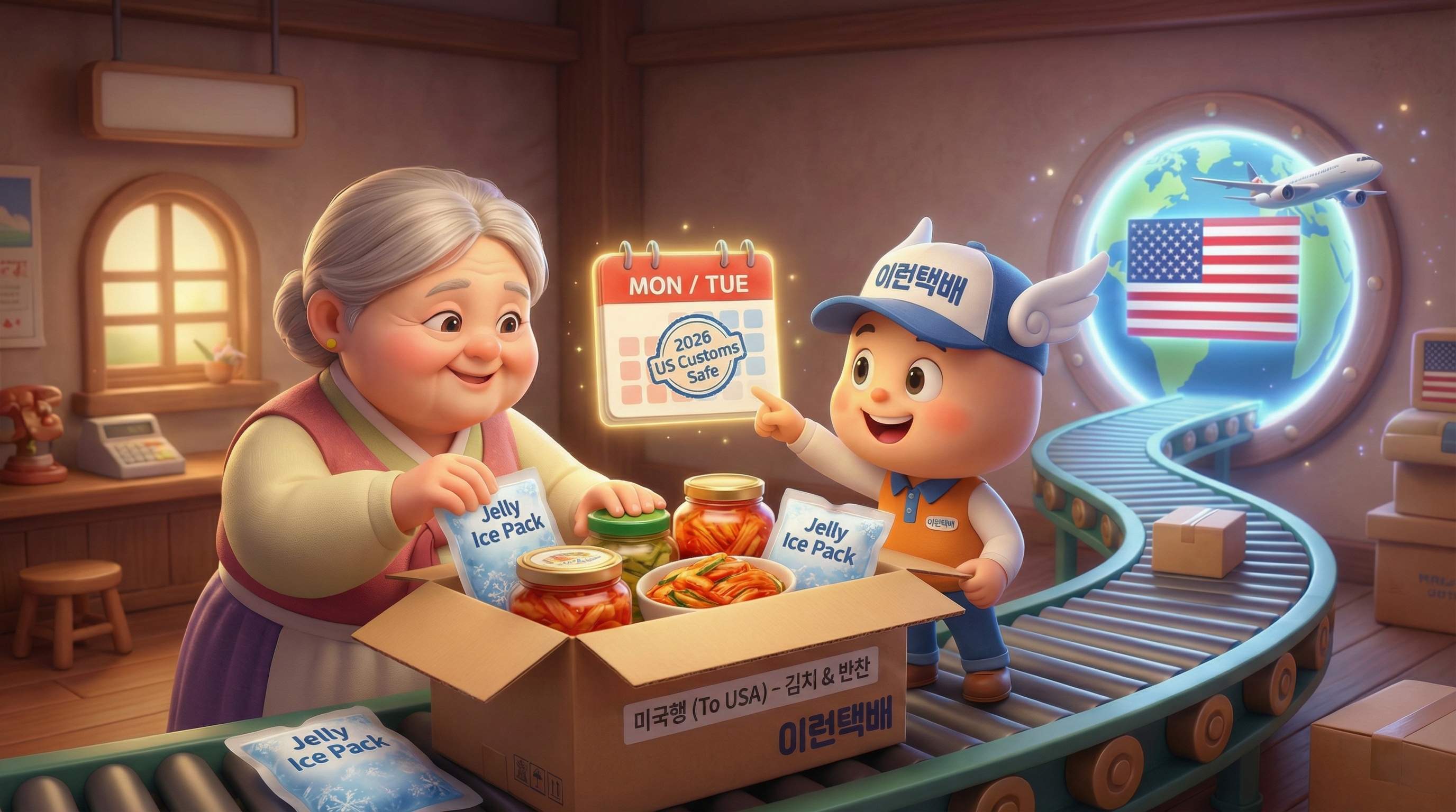 한국에서 음식을 포장하는 할머니와 도와주는 이런택배