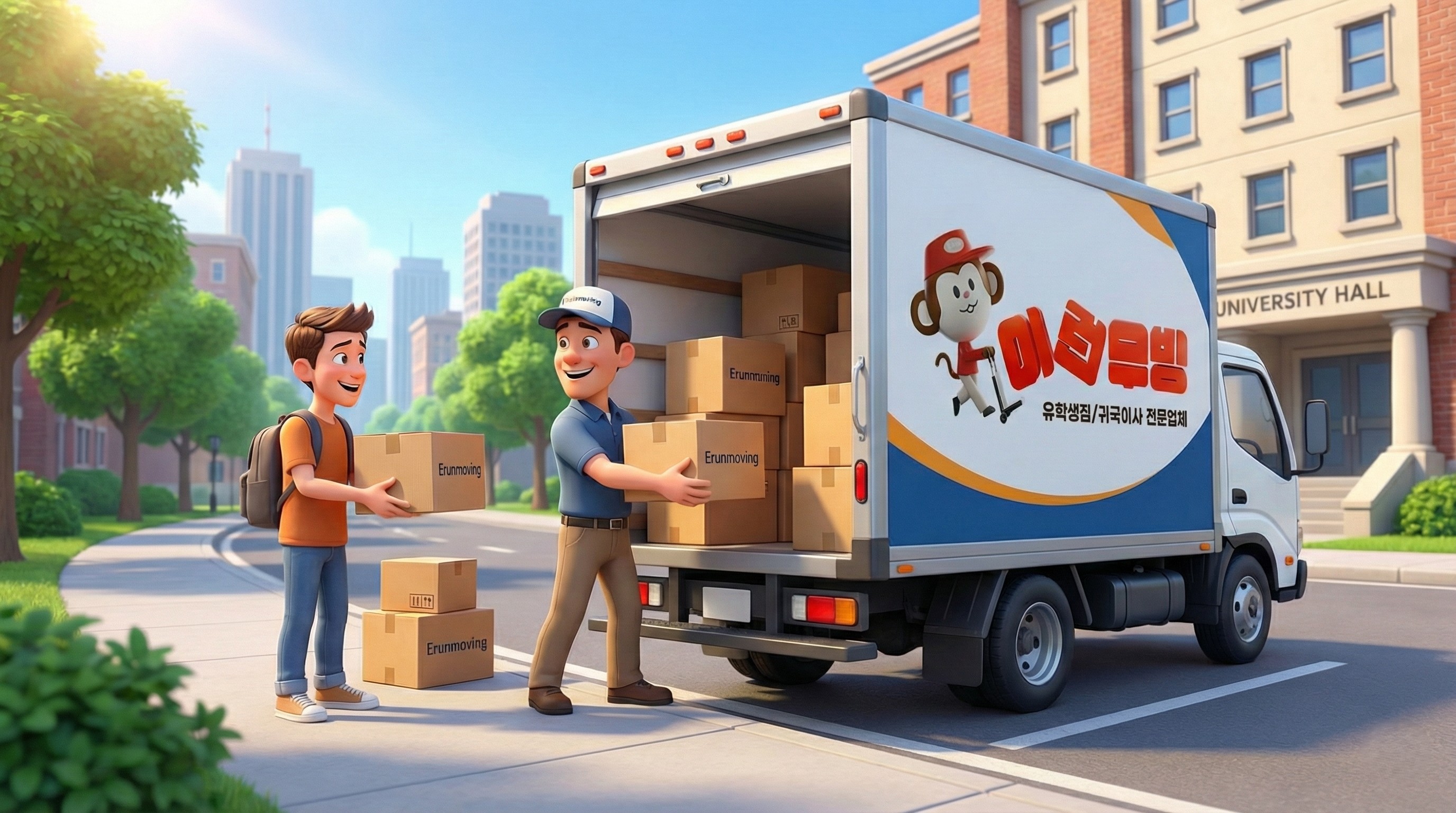 기숙사 앞에서 편리하게 짐을 픽업받는 모습