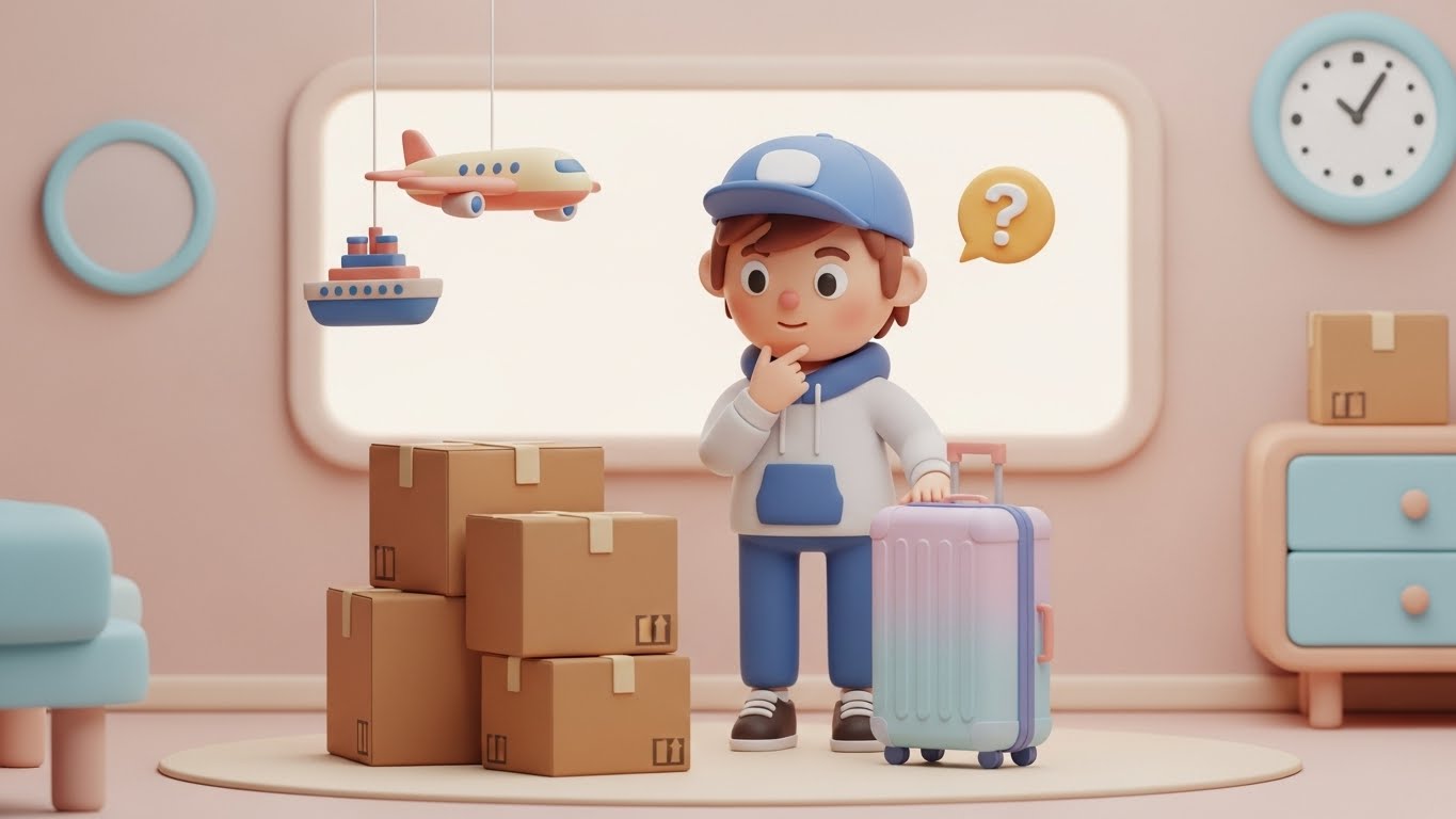 소량이사박스를 보면서 고민하는 학생