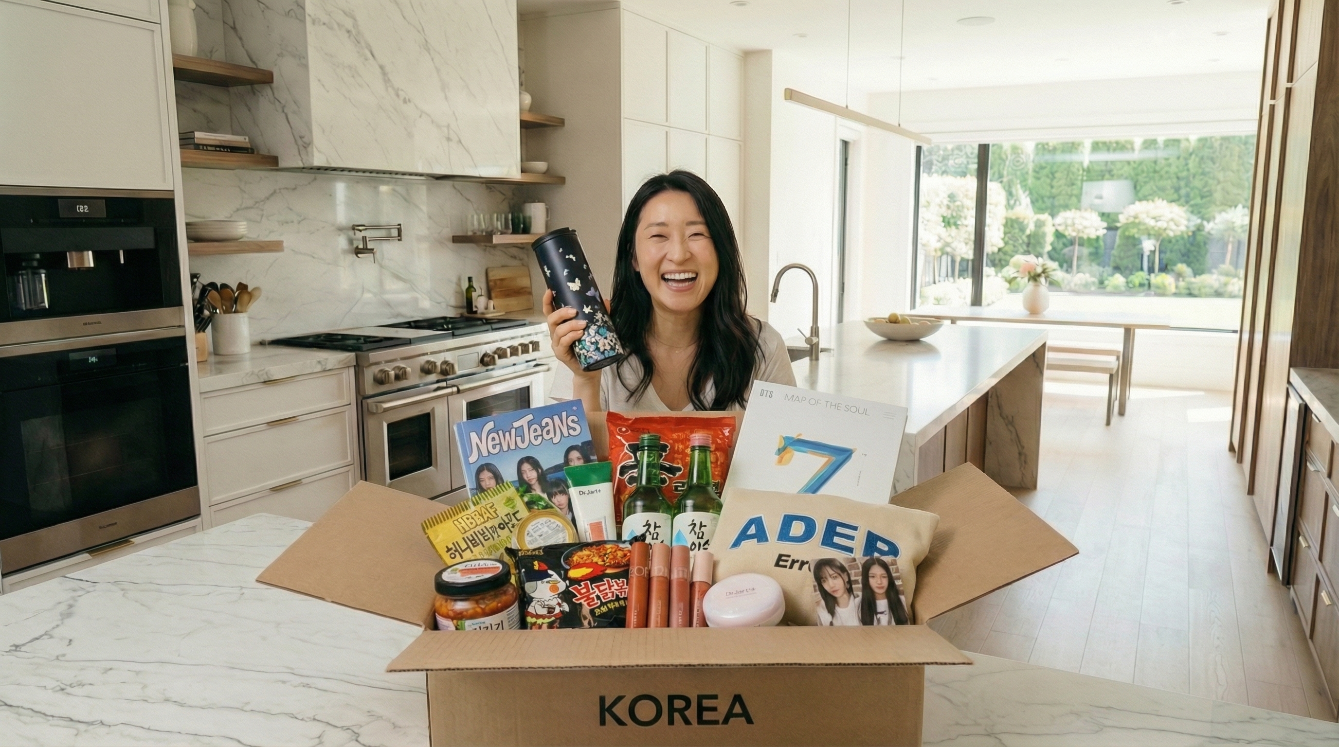 택배를 받고 줄거워 하는 여성