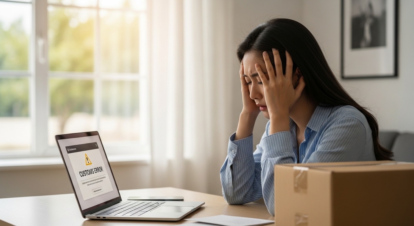 배송 문제로 고민하는 한국 여성의 모습