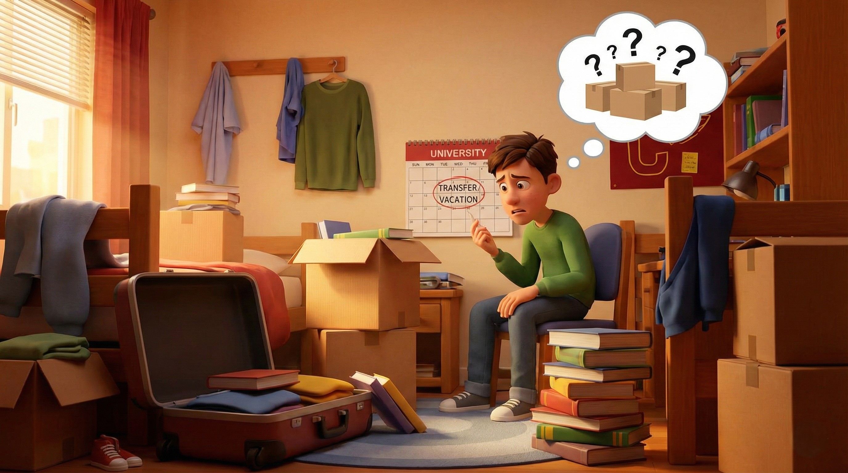 방학/트랜스퍼를 앞두고 짐 때문에 고민에 빠진 유학생의 모습